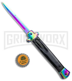 Mago 11" Italian Stiletto OTF Auto Knife Black Acrylic - Rainbow Bayo 7 Mago 11" Italian Stiletto OTF Auto Knife Black Acrylic - Rainbow Bayo -Grindworx Shop 11in Italian Stiletto OTF Auto Black Acrylic Rainbow Bolster Rainbow Bayo GX 38618 jr bottlecap large