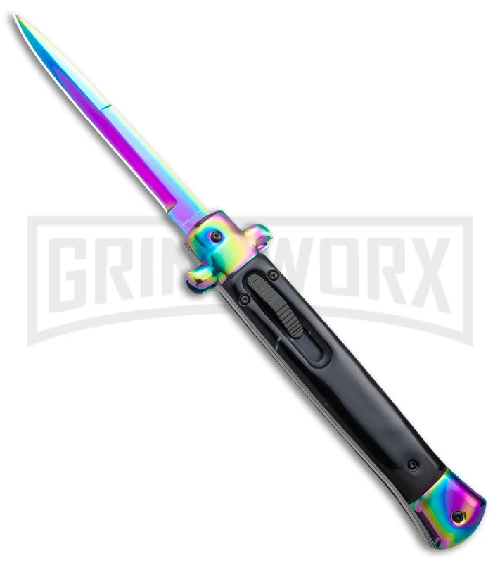 Mago 11" Italian Stiletto OTF Auto Knife Black Acrylic - Rainbow Bayo 1 Mago 11" Italian Stiletto OTF Auto Knife Black Acrylic - Rainbow Bayo