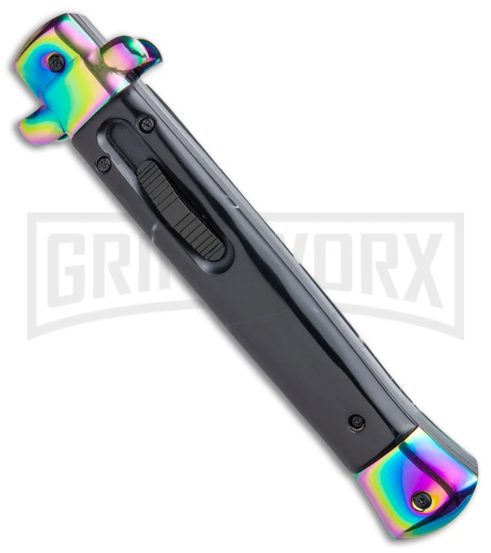 Mago 11" Italian Stiletto OTF Auto Knife Black Acrylic - Rainbow Bayo 2 Mago 11" Italian Stiletto OTF Auto Knife Black Acrylic - Rainbow Bayo - Image 2