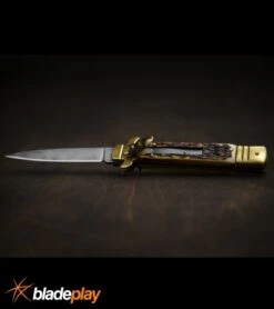 8" Leverlock Stag Horn Automatic Knife - Bayonet -Grindworx Shop 7.625in Leverlock Stag Horn Auto Bayo GBS61 BP 16669 jr lifestyle