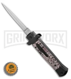 Mago 9" Sidewinder Italian Stiletto OTF Auto Knife Black - Dagger Satin Plain -Grindworx Shop 9 Italian Stiletto OTF Automatic Knife Sidewinder Black 3.8 Satin LS Bottlecap large
