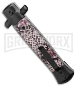 Mago 9" Sidewinder Italian Stiletto OTF Auto Knife Black - Dagger Satin Plain -Grindworx Shop 9 Italian Stiletto OTF Automatic Knife Sidewinder Black 3.8 Satin LS Side large