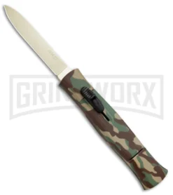 AKC 077 Concord Green Camo OTF Automatic Knife - Flat Gold Plain