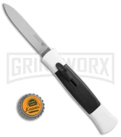 AKC 077 Concord White/Black OTF Automatic Knife - Flat Satin Plain -Grindworx Shop AKC 077 concord white black satin flat BHQ 52355 er bottlecap large