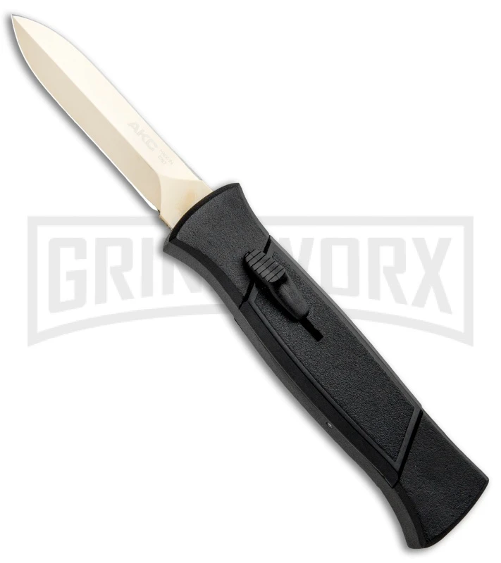 AKC 777 Blackfinger Black OTF Automatic Knife - Dagger Gold Plain 1 AKC 777 Blackfinger Black OTF Automatic Knife - Dagger Gold Plain