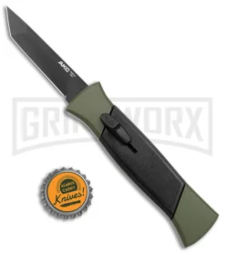 AKC 777 Blackfinger Green/Black OTF Automatic Knife - Black Tanto -Grindworx Shop AKC 777 Blackfinger OTF Auto Green Black Black Tanto BHQ 153513 jr bottlecap large