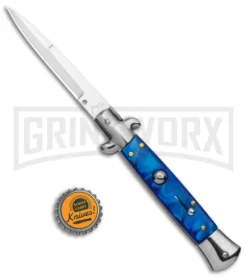 9" Anomaly Stiletto Blue Pearlex Automatic Knife - Satin Bayonet -Grindworx Shop AKC 9in Blue Pearlex Acrylic Auto Italian Bayo Stiletto Satin GX 37998 jr bottlecap large