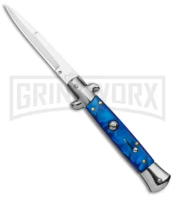9" Anomaly Stiletto Blue Pearlex Automatic Knife - Satin Bayonet