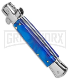 9" Anomaly Stiletto Blue Pearlex Automatic Knife - Satin Bayonet -Grindworx Shop AKC 9in Blue Pearlex Acrylic Auto Italian Bayo Stiletto Satin GX 37998 jr side large