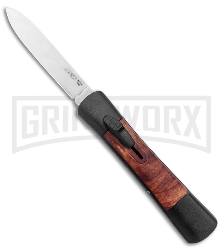 AKC Concord Briar Wood OTF Automatic Knife - Plain Satin Flat 1 AKC Concord Briar Wood OTF Automatic Knife - Plain Satin Flat