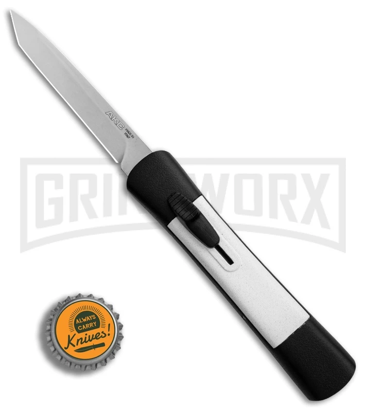 AKC Concord Black/White OTF Automatic Knife - Tanto Satin Plain 4 AKC Concord Black/White OTF Automatic Knife - Tanto Satin Plain - Image 4
