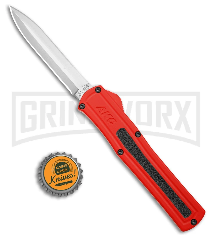 AKC F-20 Red Aluminum DBL Dagger OTF Automatic Knife - Satin Plain 4 AKC F-20 Red Aluminum DBL Dagger OTF Automatic Knife - Satin Plain - Image 4