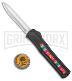 AKC F-20 Black W/ Tie Dye Inlay D/A OTF Automatic Knife - Satin Plain -Grindworx Shop AKC F 20 DA SP OTF Auto Black Tie Dye Inlay Satin BHQ 152893 jr bottlecap large