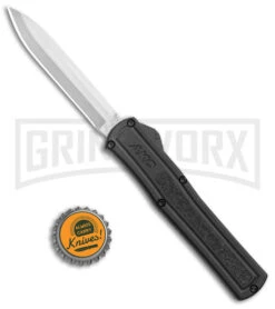 AKC F-20 Black D/A OTF Automatic Knife - Spear Point Satin Plain -Grindworx Shop AKC F 20 DA SP OTF Auto black Satin BHQ 141097 jr bottlecap large