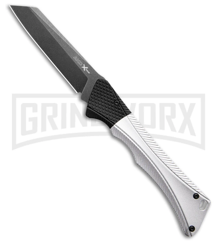 AKC Smarty Silver W/Black Bolster Automatic Knife Reverse Tanto - Black SW Plain 1 AKC Smarty Silver W/Black Bolster Automatic Knife Reverse Tanto - Black SW Plain