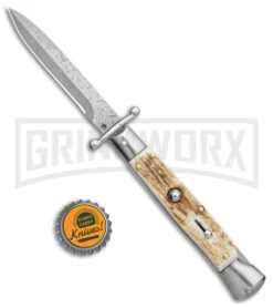 Automatic Italian Style Swinguard 9" Stag - Damascus Bayonet Blade -Grindworx Shop AKC Swinguard 9in Stag Bayo Damascus GX 3647 jr bottlecap large