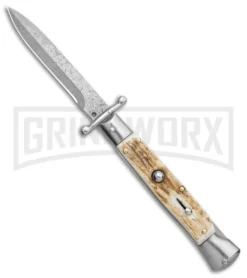 Automatic Italian Style Swinguard 9" Stag - Damascus Bayonet Blade