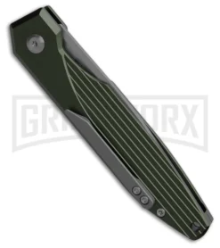 AKC X-treme Dandy Green Aluminum Automatic Knife - Stonewash Plain -Grindworx Shop AKC X treme Dandy Automatic Knife Green Aluminum 3in Satin BHQ 211591 td side gx large