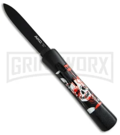 AKC Concord Red/White Skull OTF Automatic Knife - Flat Grind Black Flat