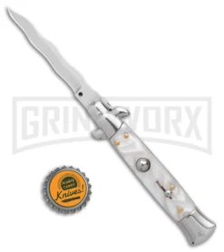 9" Anomaly Stiletto White Pearlex Automatic Knife - Kriss Satin Plain -Grindworx Shop Anomally 9in Stiletto White Pearlex Auto Satin Kriss BHQ 163544 jr bottlecap large 1