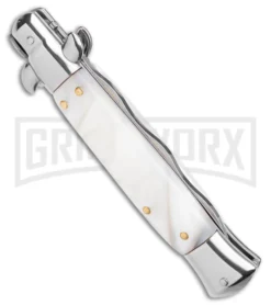 9" Anomaly Stiletto White Pearlex Automatic Knife - Kriss Satin Plain -Grindworx Shop Anomally 9in Stiletto White Pearlex Auto Satin Kriss BHQ 163544 jr side large 1