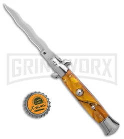 9" Anomaly Stiletto Yellow Pearlex Automatic Knife - Satin Kriss -Grindworx Shop Anomally 9in Stiletto Yellow Pearlex Auto Satin Kriss BHQ 162148 jr bottlecap large 1
