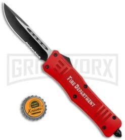 Atomic Defender Large OTF Automatic Knife Fire Dept. Red - Serr Two-Tone -Grindworx Shop Atomic Defender Large OTF Auto Fire Department Red Serr TT DP GX 37227 jr bottlecap large