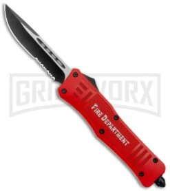 Atomic Defender Large OTF Automatic Knife Fire Dept. Red - Serr Two-Tone