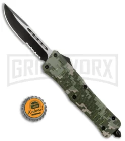 Atomic Defender Large OTF Automatic Green Digi Camo - Serr Two-Tone Drop Point -Grindworx Shop Atomic Defender Large OTF Auto Green Digi Camo Serr TT DP GX 37228 jr bottlecap large