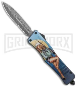 Atomic Defender Large OTF Automatic Knife Pin Up Blue - Serr Damascus Dagger