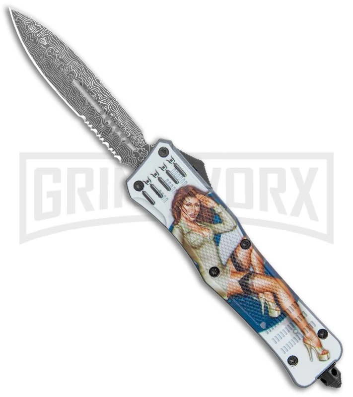 Atomic Defender Large OTF Automatic Knife Pin Up Gray - Serr Damascus Dagger 1 Atomic Defender Large OTF Automatic Knife Pin Up Gray - Serr Damascus Dagger