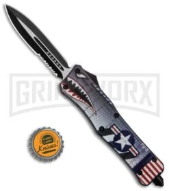 Atomic Defender Large OTF Automatic Knife Blue Warhawk - Serr Two Tone Dagger -Grindworx Shop Atomic Defender Large OTF Auto Warhawk Serr TT Dagger GX 37204 jr bottlecap large