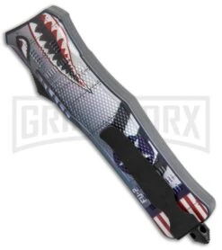 Atomic Defender Large OTF Automatic Knife Blue Warhawk - Serr Two Tone Dagger -Grindworx Shop Atomic Defender Large OTF Auto Warhawk Serr TT Dagger GX 37204 jr side large