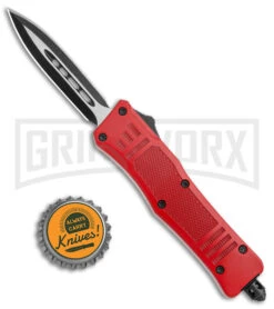 Atomic Defender Mini Red OTF Automatic Dagger Knife - Two Tone Plain -Grindworx Shop Atomic Defender Mini OTF Auto Red TT Dagger BHQ 141076 jr bottlecap 2 large