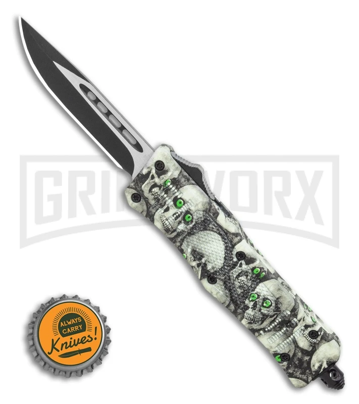 Atomic Defender Mini OTF Automatic Knife Green Skull - Two Tone Drop Point 4 Atomic Defender Mini OTF Automatic Knife Green Skull - Two Tone Drop Point - Image 4