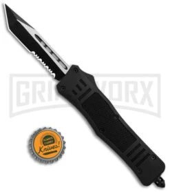 Atomic Defender Mini OTF Automatic Knife Black - Serr Two Tone Tanto -Grindworx Shop Atomic Defender Mini Tanto Black OTF Auto TT Serr GX 34177 jr bottlecap large