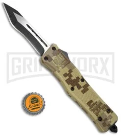 Atomic Defender Large OTF Automatic Knife Tan Digi Camo - Two Tone Recurve Tanto -Grindworx Shop Atomic Defender OTF Recurve Tanto Tan Camo TT 6PA20 55CA BP 19789 jr bottlecap large
