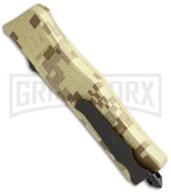 Atomic Defender Large OTF Automatic Knife Tan Digi Camo - Two Tone Recurve Tanto -Grindworx Shop Atomic Defender OTF Recurve Tanto Tan Camo TT 6PA20 55CA BP 19789 jr side large