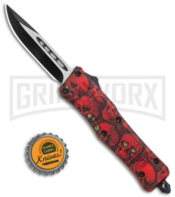 Atomic Defender Mini OTF Automatic Knife Red Skull - Two Tone Drop Point Plain -Grindworx Shop Atomic Mini DP Red Skull OTF Auto TT GX 36430 jr bottlecap large