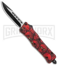 Atomic Defender Mini OTF Automatic Knife Red Skull - Two Tone Drop Point Plain