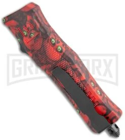 Atomic Defender Mini OTF Automatic Knife Red Skull - Two Tone Drop Point Plain -Grindworx Shop Atomic Mini DP Red Skull OTF Auto TT GX 36430 jr side large