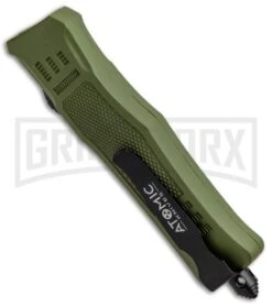 Atomic Defender Mini OTF Automatic Knife Dark Green - Two Tone Dagger -Grindworx Shop Atomic Mini Defender Green OTF Auto Black Dagger Plain GX 32297 jr side large