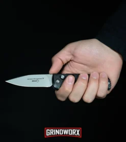 Boker Kalashnikov 74 Gray Automatic Knife - D2 Black Serr -Grindworx Shop Boker Kalashnikov Automatic Knife Black Bead Blast KALS74 BHQ 0103 kp in hand web large 8