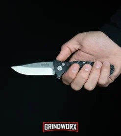 Boker Plus Strike Coyote Brown Automatic Knife - D2 Drop Point Black SW -Grindworx Shop Boker Plus Strike Drop Point Automatic Knife Stonewash 01BO400N BHQ 32040 kp in hand web large 2