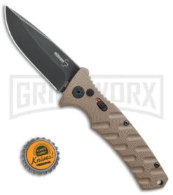 Boker Plus Strike Coyote Brown Automatic Knife - D2 Drop Point Black SW -Grindworx Shop Boker Plus Strike drop point coyote brown black sw BHQ 67882 er bottlecap jr large