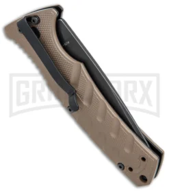 Boker Plus Strike Coyote Brown Automatic Knife - D2 Drop Point Black SW -Grindworx Shop Boker Plus Strike drop point coyote brown black sw BHQ 67882 er side jr large