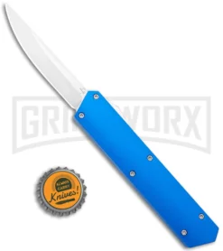Boker USA Kwaiken OTF Automatic Knife Blue Aluminum (3.4" Satin) 06EX550 -Grindworx Shop Boker USA Kwaiken OTF Auto Blue Aluminum SW 06EX550 BHQ 115742 jr bottlecap large