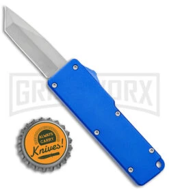 Chud Mini Blue OTF Automatic Knife - Blue Tanto Swedge SW -Grindworx Shop Chud Mini OTF DA Tanto Auto Blue Satin GX 38955 jr bottlecap large