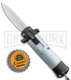 Enzo OTF Gray/Black Automatic Keychain Knife - Satin Spear Point Plain -Grindworx Shop Enzo OTF Gray Black Auto Keychain Satin SP GX 38959 jr bottlecap large