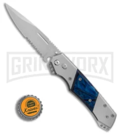 Super Knife Croc Automatic Knife Stainless W/ Blue Inlay - Satin Serr -Grindworx Shop GA303MBL BP 25774 er bottlecap large